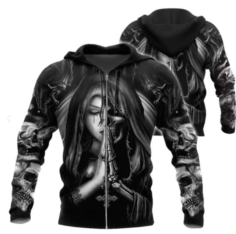 Halloween hooded sweatshirt with 3D anime skull print in black and colourful graphic patterns