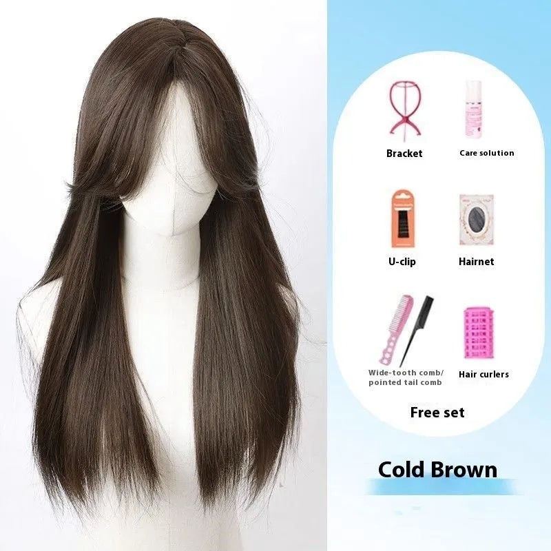 Forehead lace long straight black wig with side bangs in high temperature fibre material