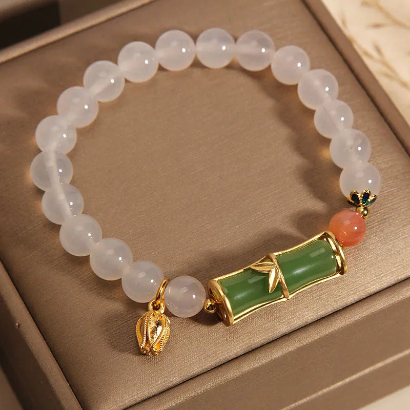 White agate jasper and jade bamboo beaded bracelet in Chinese retro style for women