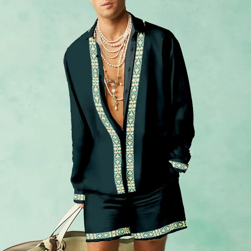 Loose fit casual summer shirt and shorts matching set in slim fit polyester.
