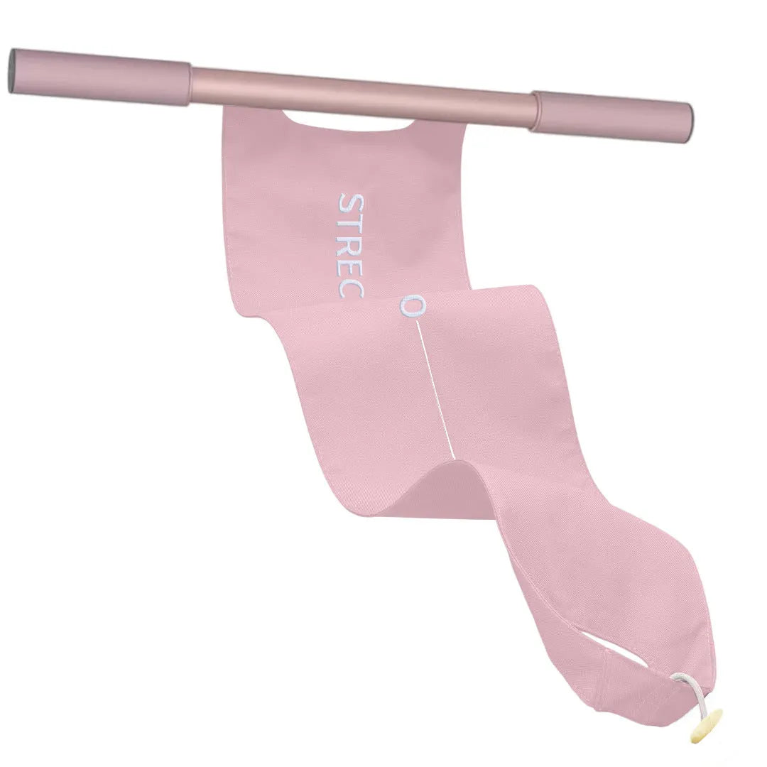 Grey and pink yoga stretching tool for shoulder, back and hip flexibility.