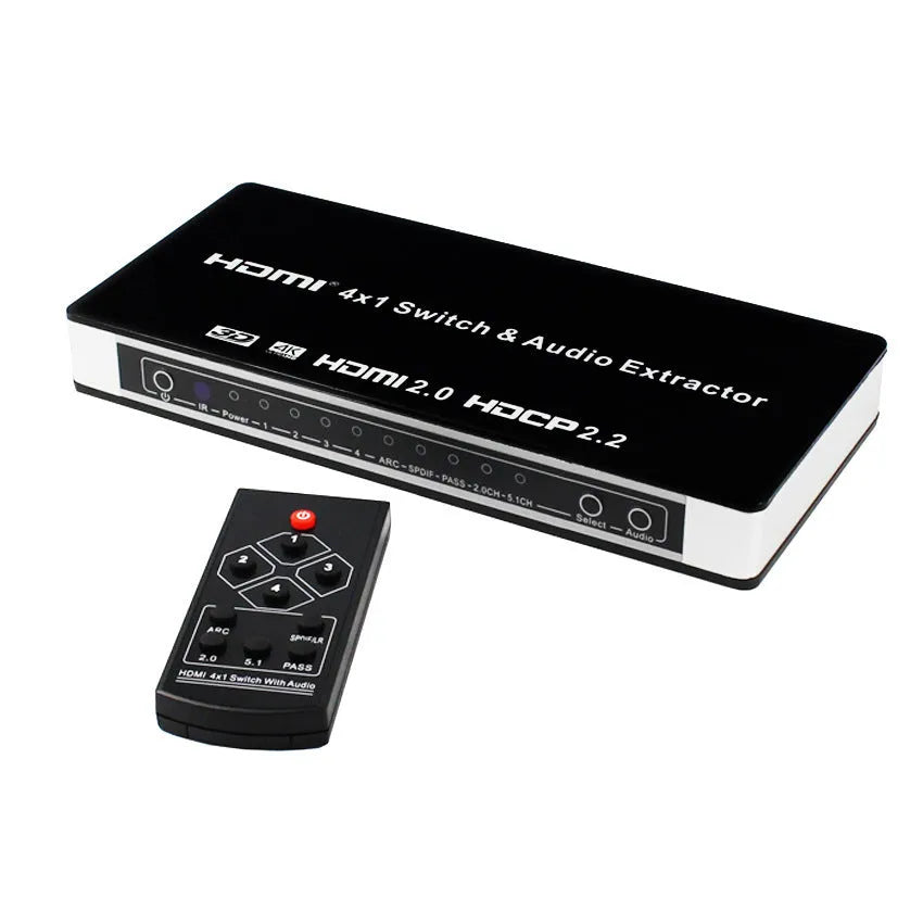 Black HDMI switch with four inputs one output remote control for 4K video switching