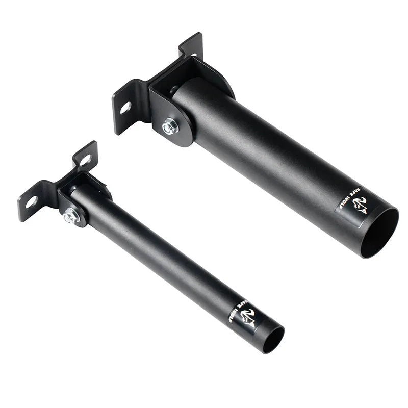 Steel wall-mounted rack with 25 vertical tubes for storing barbell rods and gym equipment.
