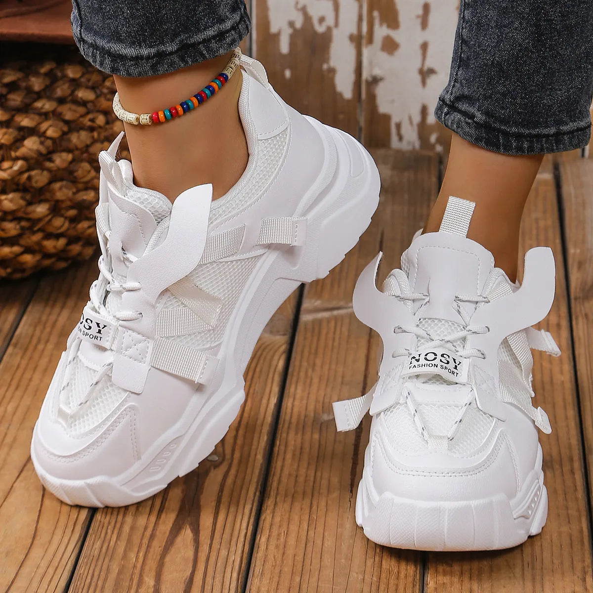 Women's purple platform mesh dad shoes with animal pattern detailing and lace-up front