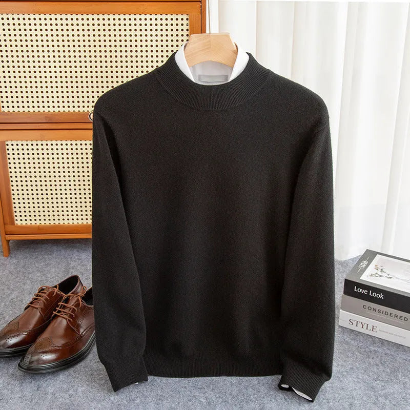 Men's loose fit half-turtleneck wool sweater in a neutral colour on a hanger.