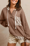 Straw yellow women's hoodie with waffle texture striped patchwork design and button neck