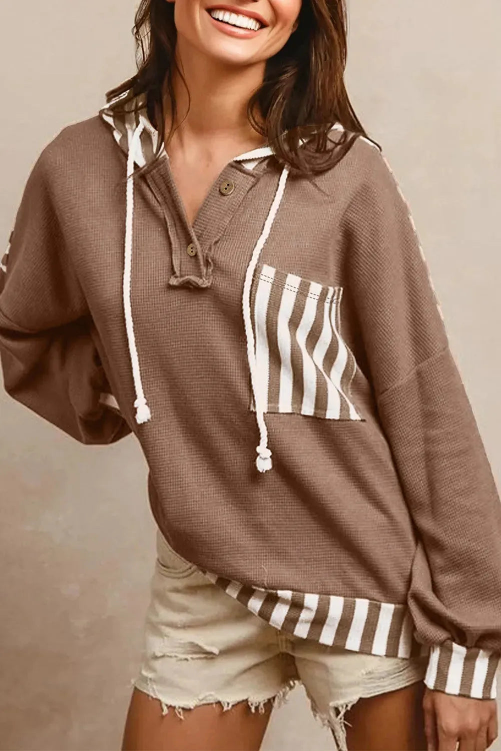 Straw yellow women's hoodie with waffle texture striped patchwork design and button neck