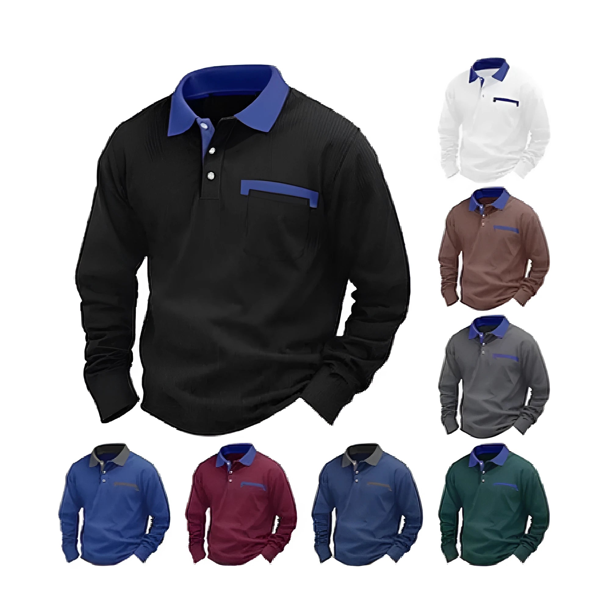 Man wearing a long-sleeved waffle-textured polo shirt in a loose fit with an asymmetric design detail.