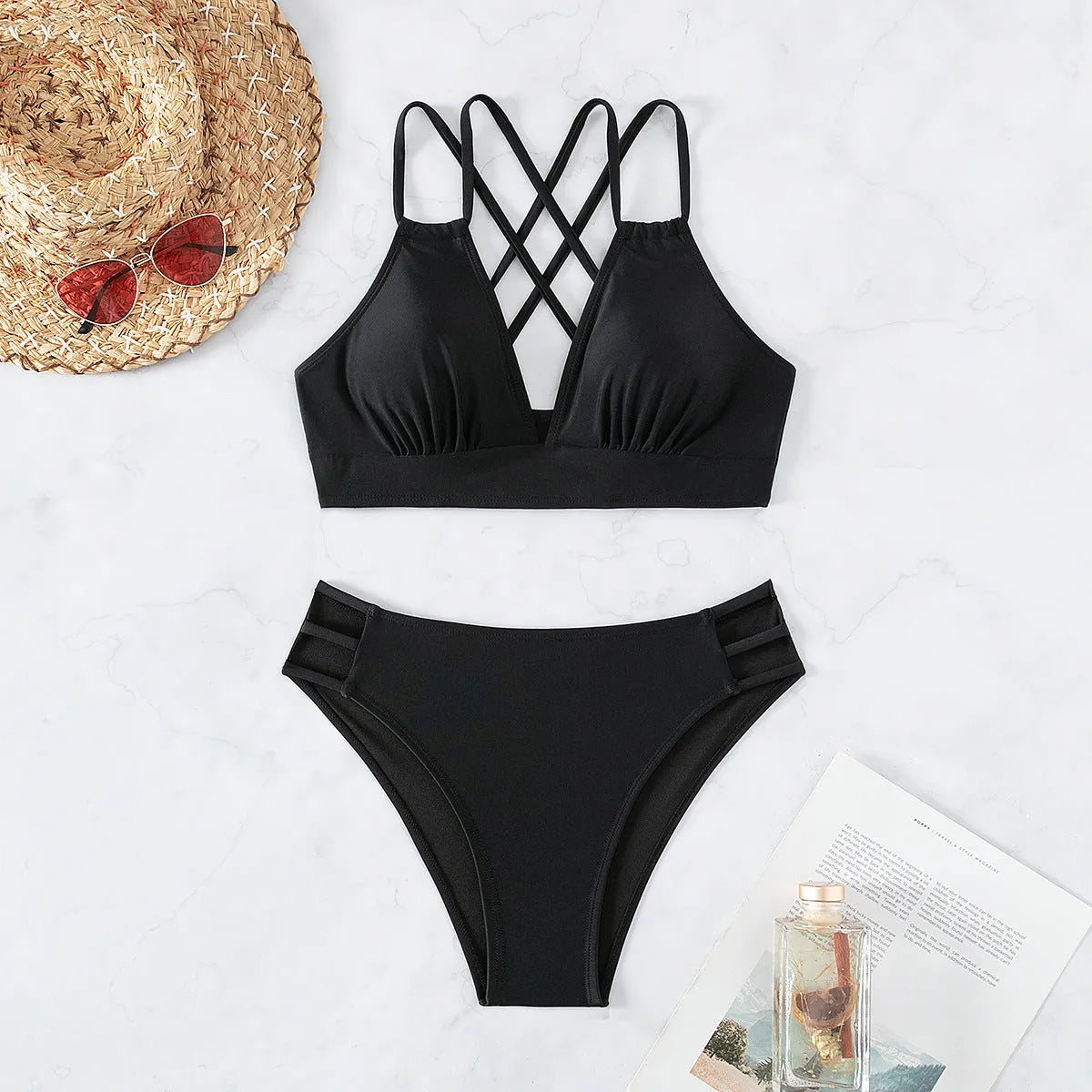 Women's V-neck halter bikini swimsuit in nylon fabric on mannequin