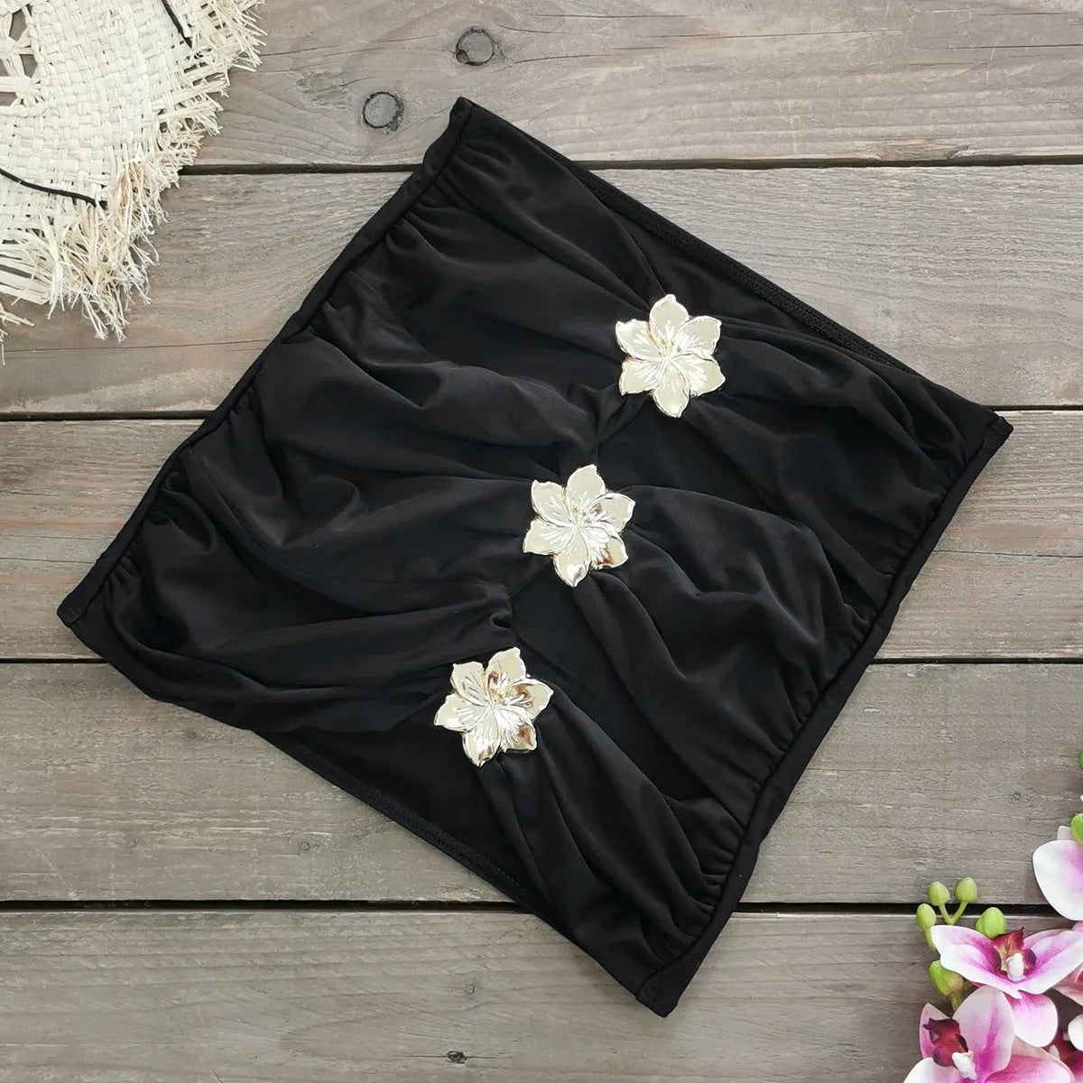 Solid colour high-waisted one-piece swimsuit for women with a separate matching short skirt.