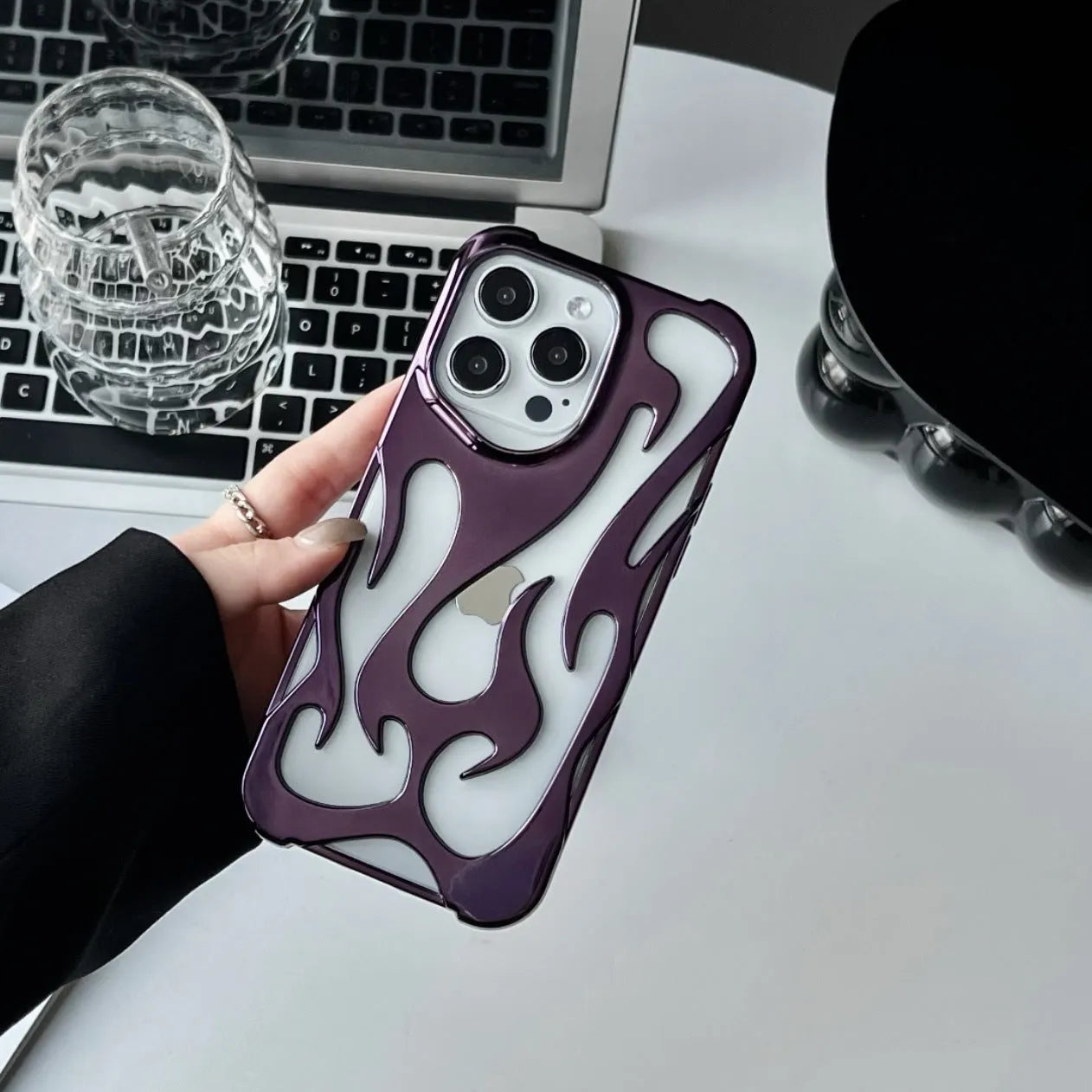 Electroplated hollow flame pattern phone case for Apple iPhone with metallic finish and heat dissipation design