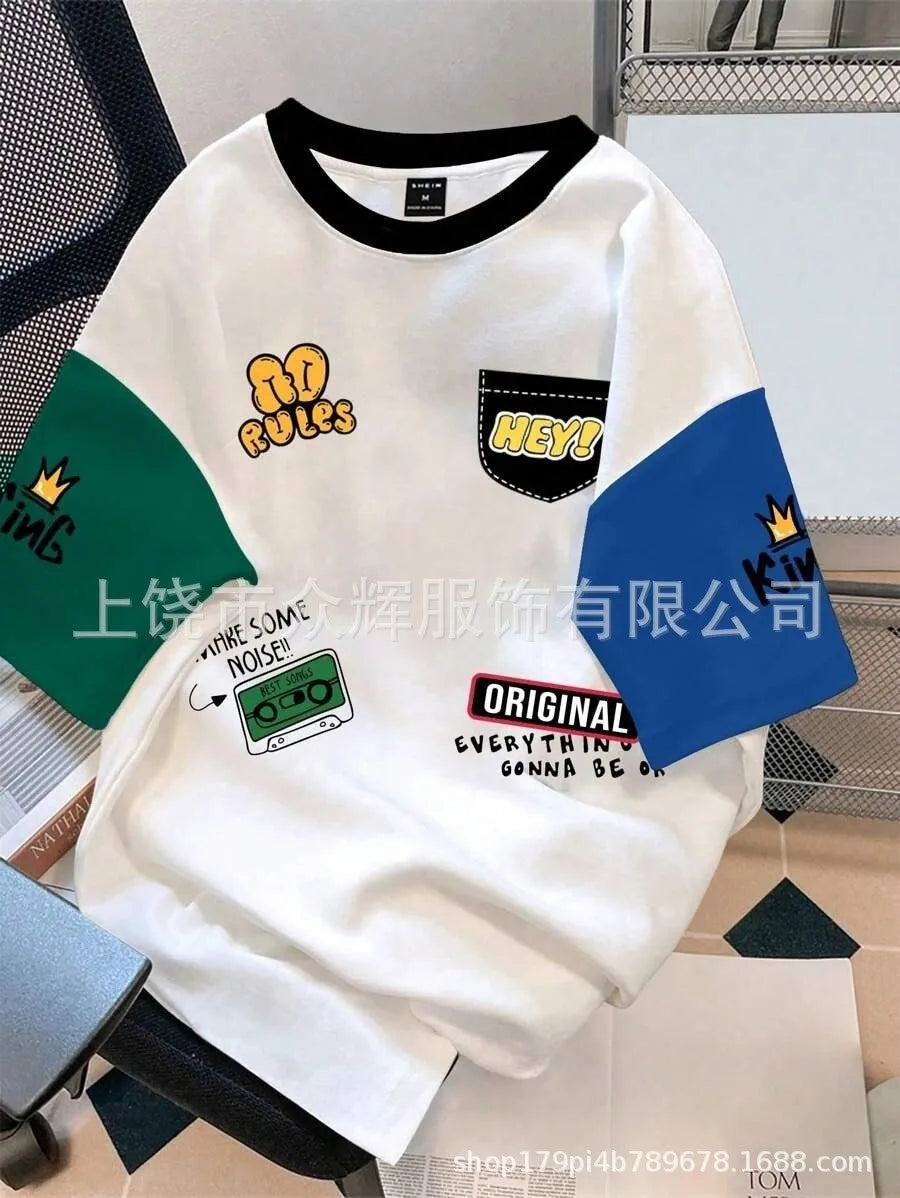 Men's printed casual T-shirt with letters pattern design and trendy colour matching