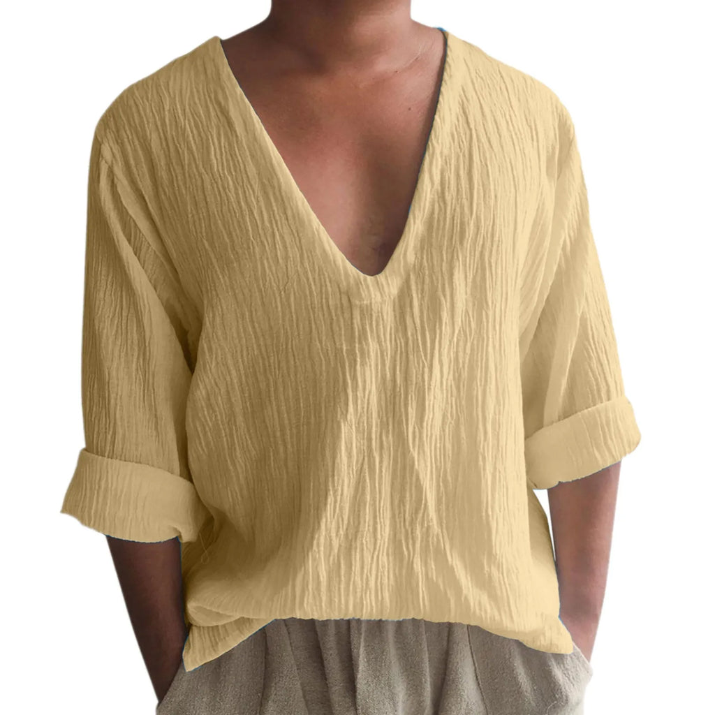 Men's washed cotton long sleeve V-neck t-shirt in solid colours on a hanger.