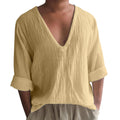 Men's washed cotton long sleeve V-neck t-shirt in solid colours on a hanger.