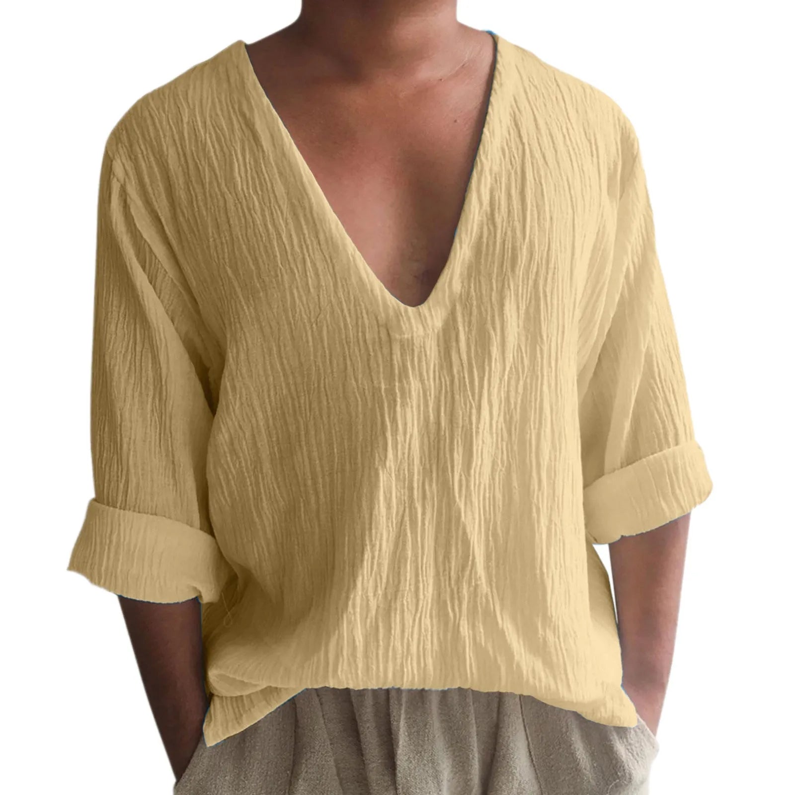 Men's washed cotton long sleeve V-neck t-shirt in solid colours on a hanger.
