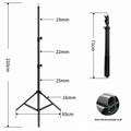 Frosted finish tripod light stand with mobile phone holder mounted, showing carbon steel construction and adjustable legs