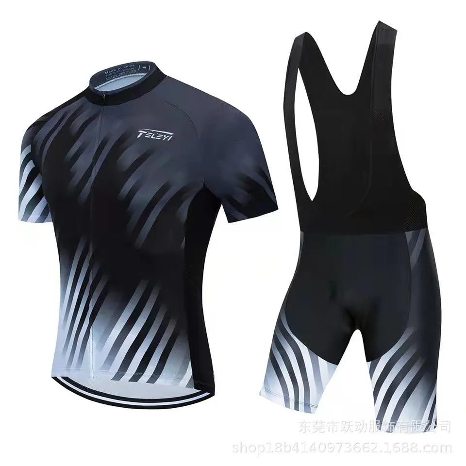Cycling jersey and shorts set for summer bike riding with moisture wicking properties