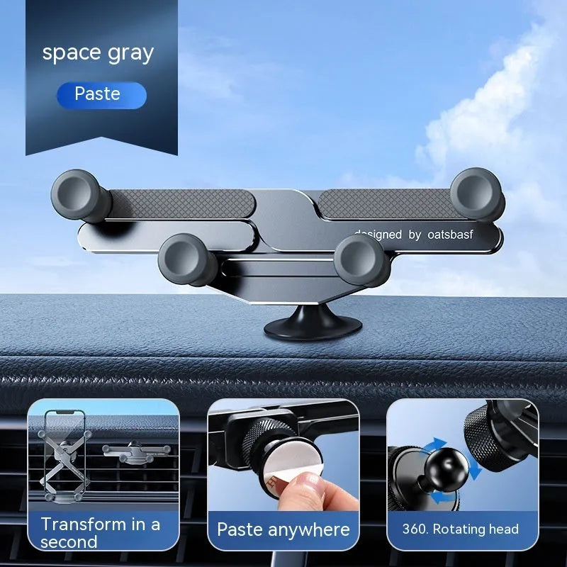 Aluminium alloy car phone mount bracket showing air vent and paste mounting versions in three colours