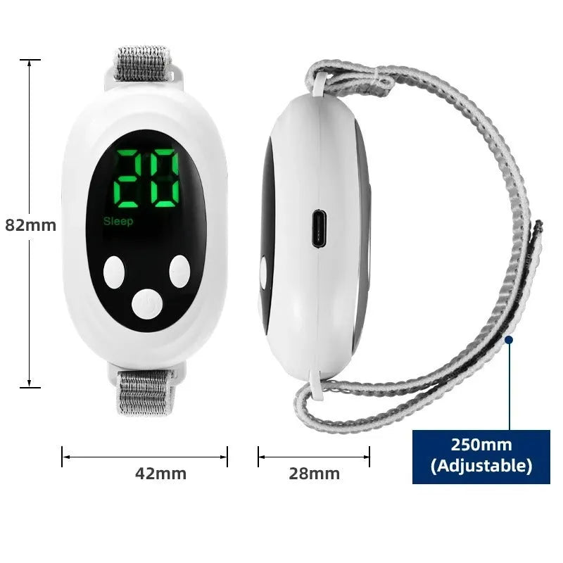 White sleep aid device with handheld remote control and adjustable intensity settings
