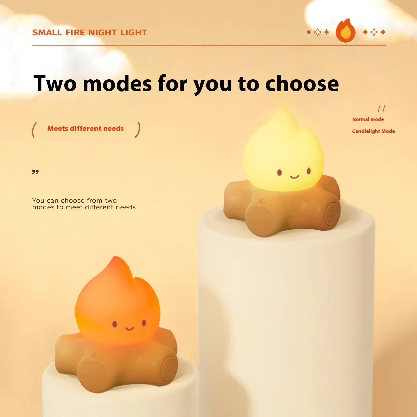 Silicone cartoon fire pile night light with yellow LED illumination on a bedside table.