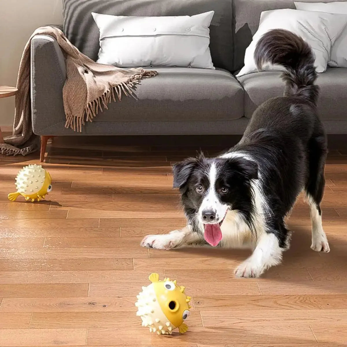 Yellow fish-shaped dog chew toy for aggressive chewers with textured surface