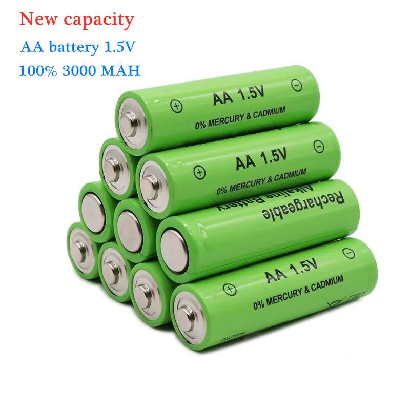 Alkaline rechargeable AA battery with 3000mAh capacity and 1.5V rating