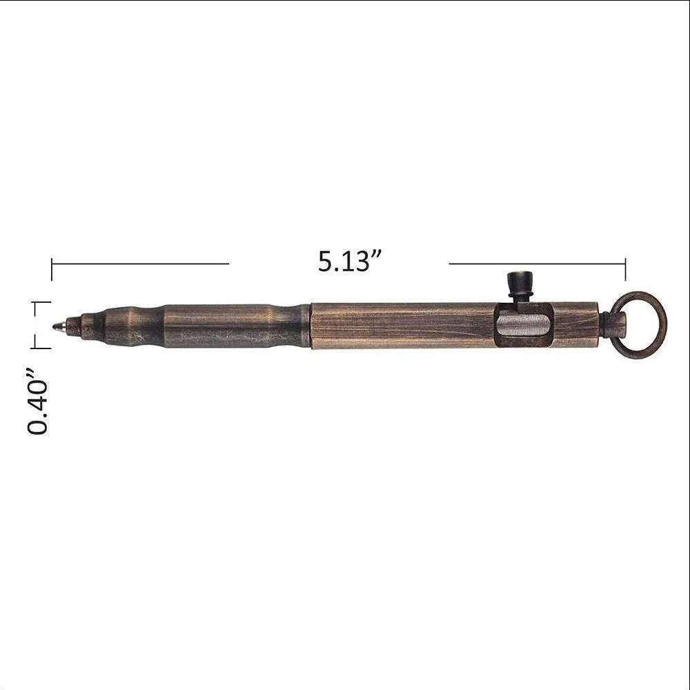 Solid brass tactical pen with hexagonal bolt design in vintage machine gun style on black background.