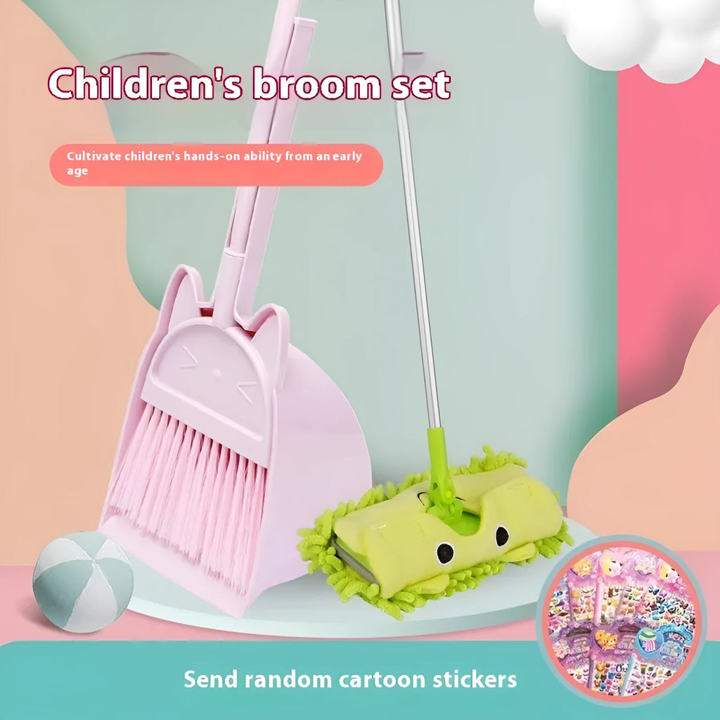 Purple plastic broom and dustpan set with rotating brush head and built-in holder