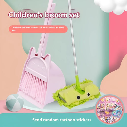 Purple plastic broom and dustpan set with rotating brush head and built-in holder