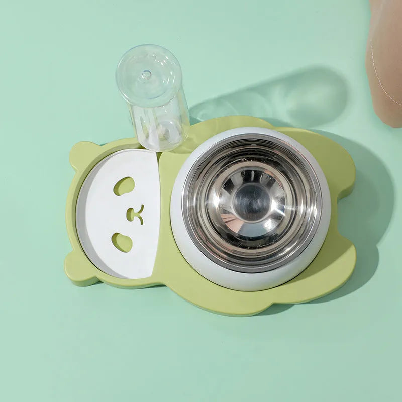 Grey elevated pet feeder with tilted stainless steel bowls and a panda-shaped automatic water bottle for cats and small dogs.
