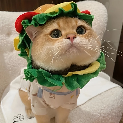 A soft plush burger-shaped headdress collar for a cat or small dog on a white background.