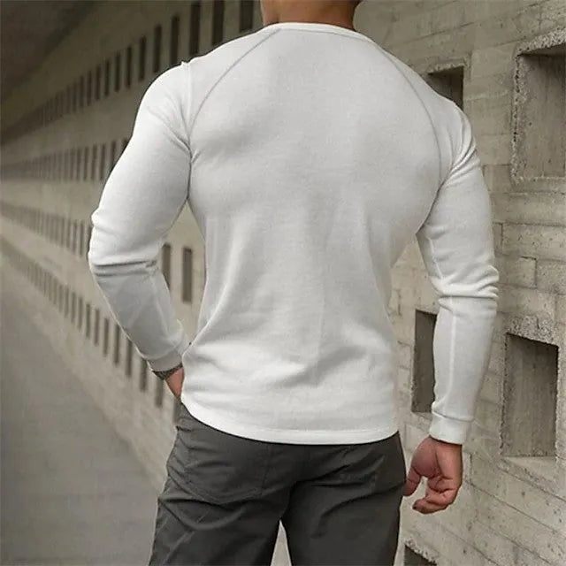 Men's white long-sleeved Henry collar pullover shirt with collage stitching detail