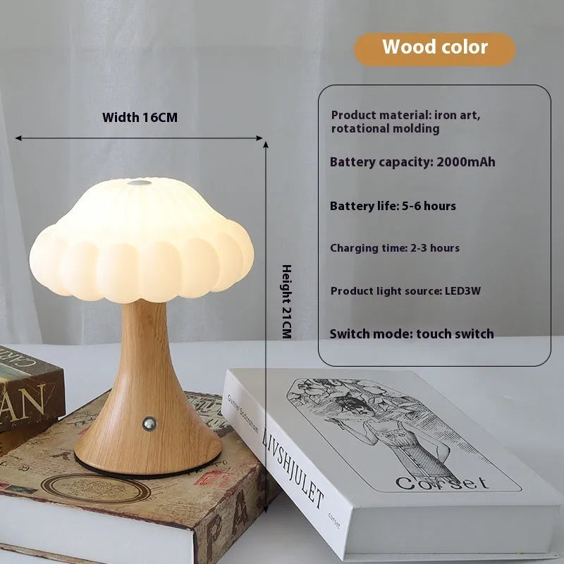 Mushroom-shaped touch lamp with USB charging in wood grain colour