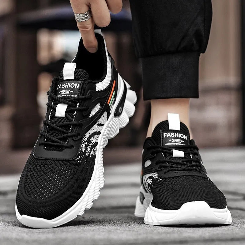 Men's platform casual sports shoes in black with cross shoulder straps and mesh upper