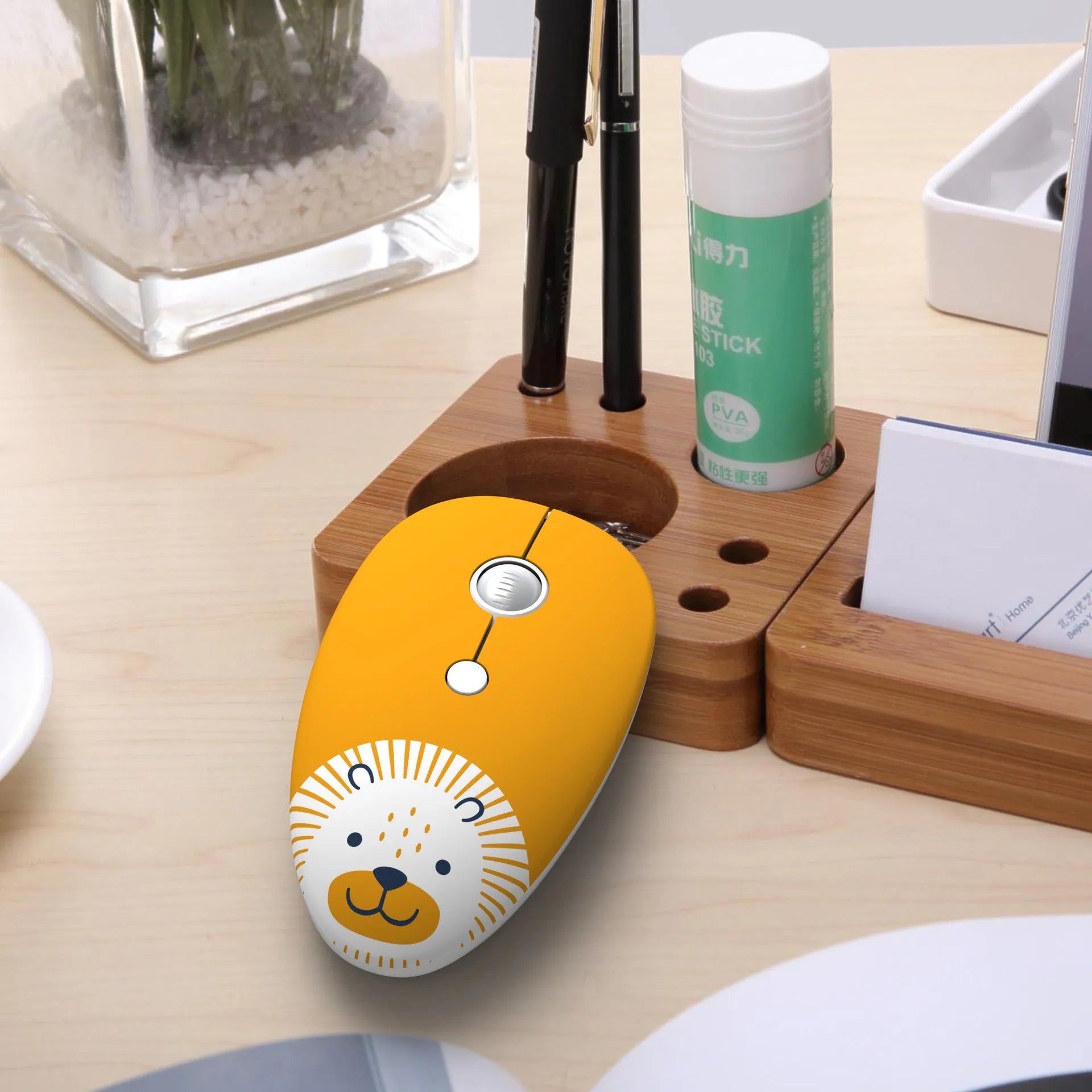 Mini USB wireless mouse for laptop in cartoon animal design colours like blue rabbit and yellow tiger.