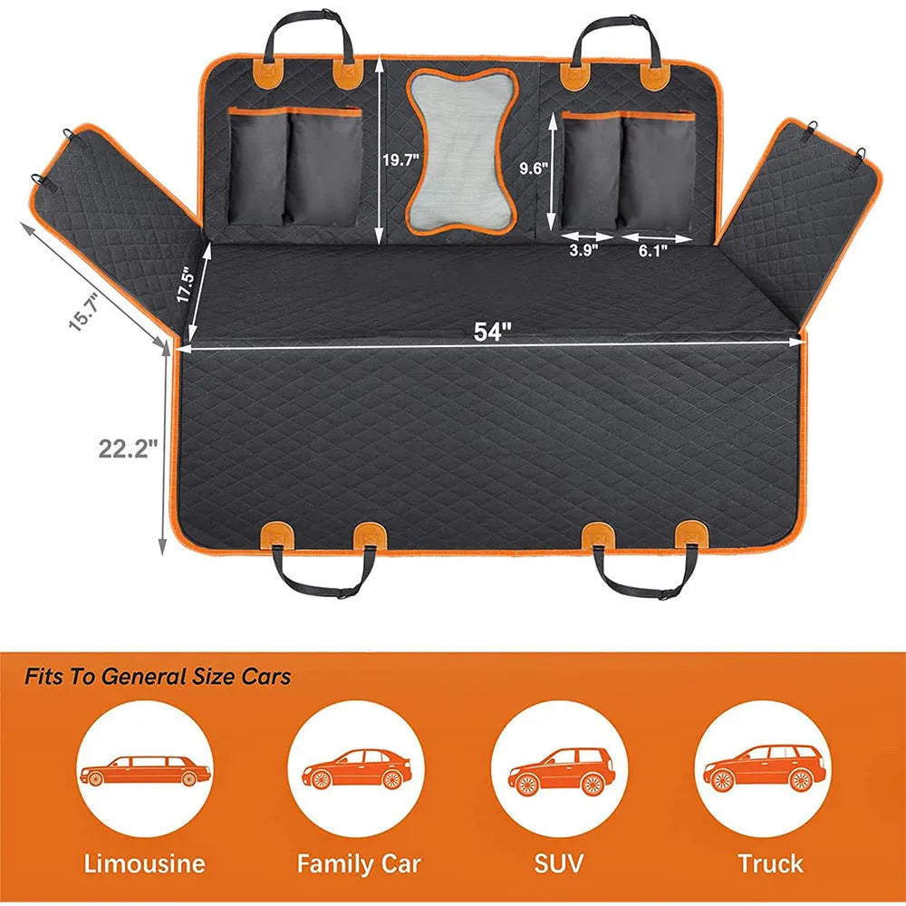 Black waterproof dog car seat cover with orange edge, shown as a hammock on a rear car seat