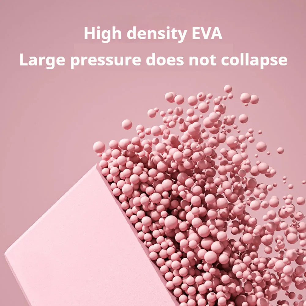 Blue high-density EVA yoga block on a gym mat, showing dimensions for scale.