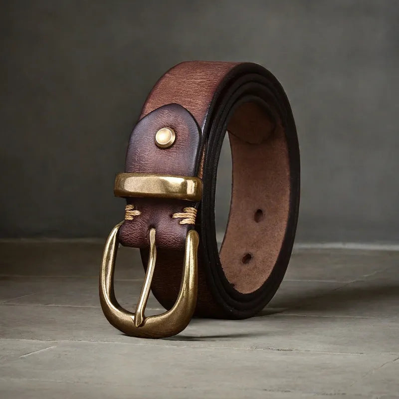 Men's casual belt in first layer cattlehide leather with copper pin buckle in black, brown, or khaki.
