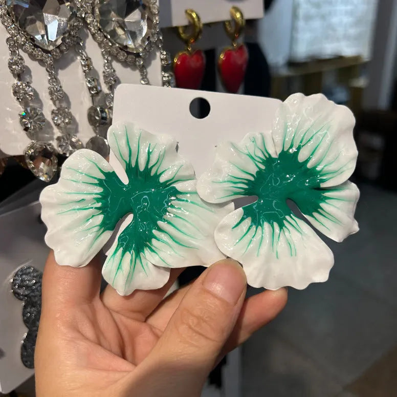 Pastoral style alloy flower stud earrings with oil-spot glaze finish in blue, green, purple, and rose colour options.