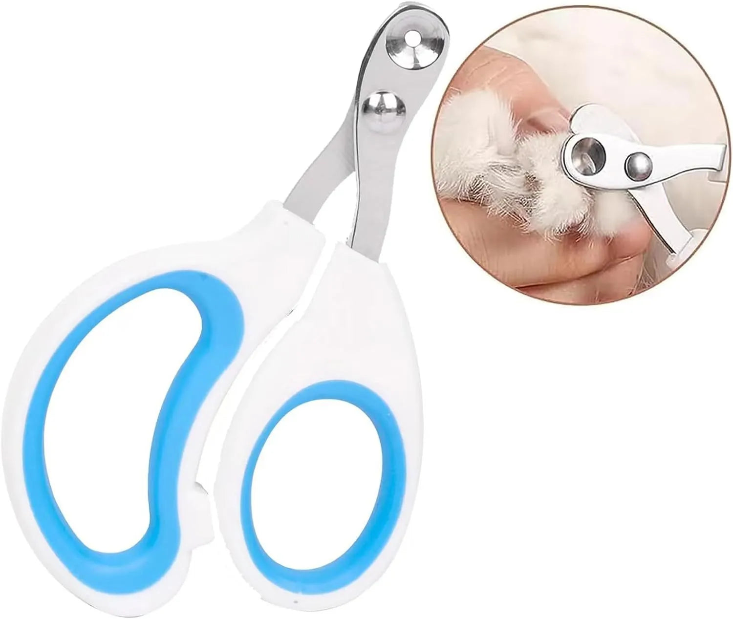 Blue cat nail clippers with a circular cutting hole and cushioned non-slip handle on a white background.