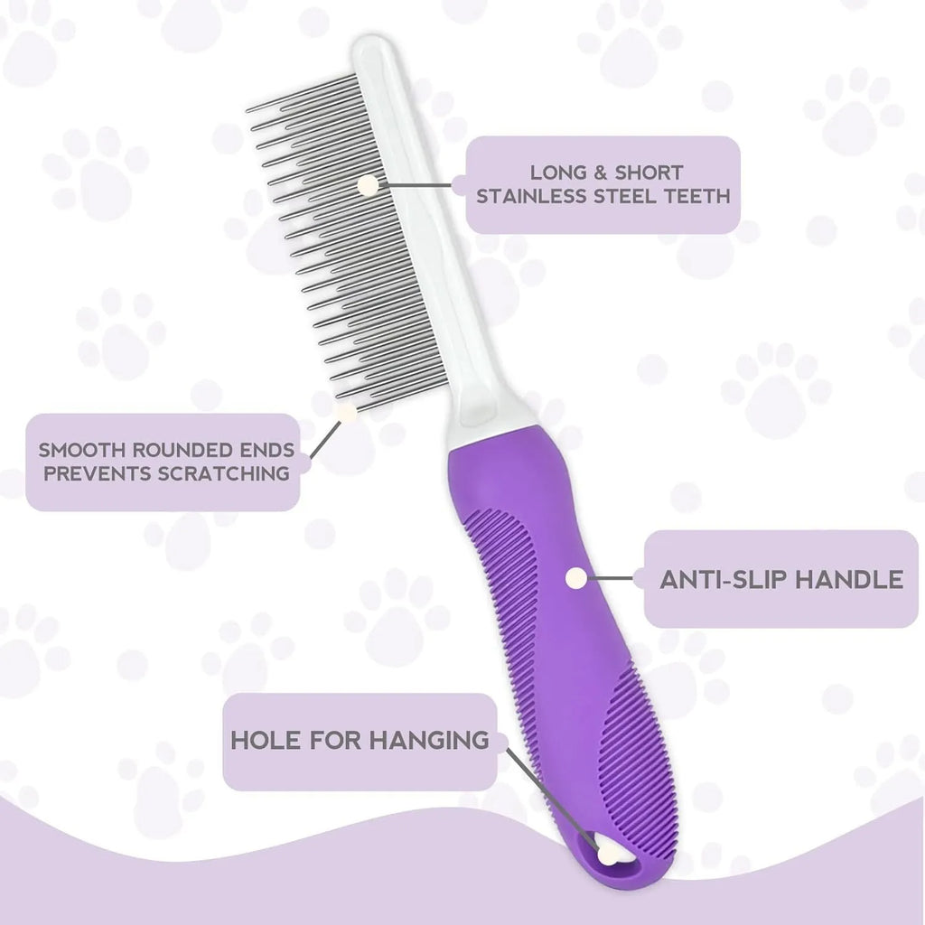 Purple pet detangling comb with stainless steel teeth and ergonomic handle.