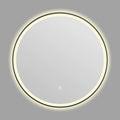 Round black aluminium frame LED smart bathroom mirror mounted on wall with illuminated surface.