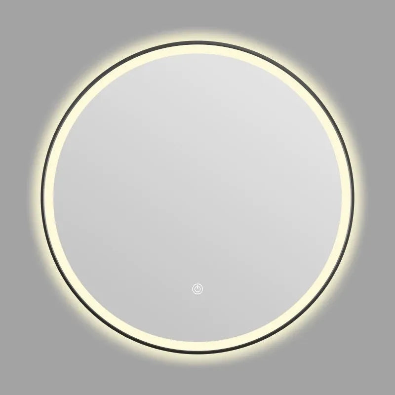 Round black aluminium frame LED smart bathroom mirror mounted on wall with illuminated surface.