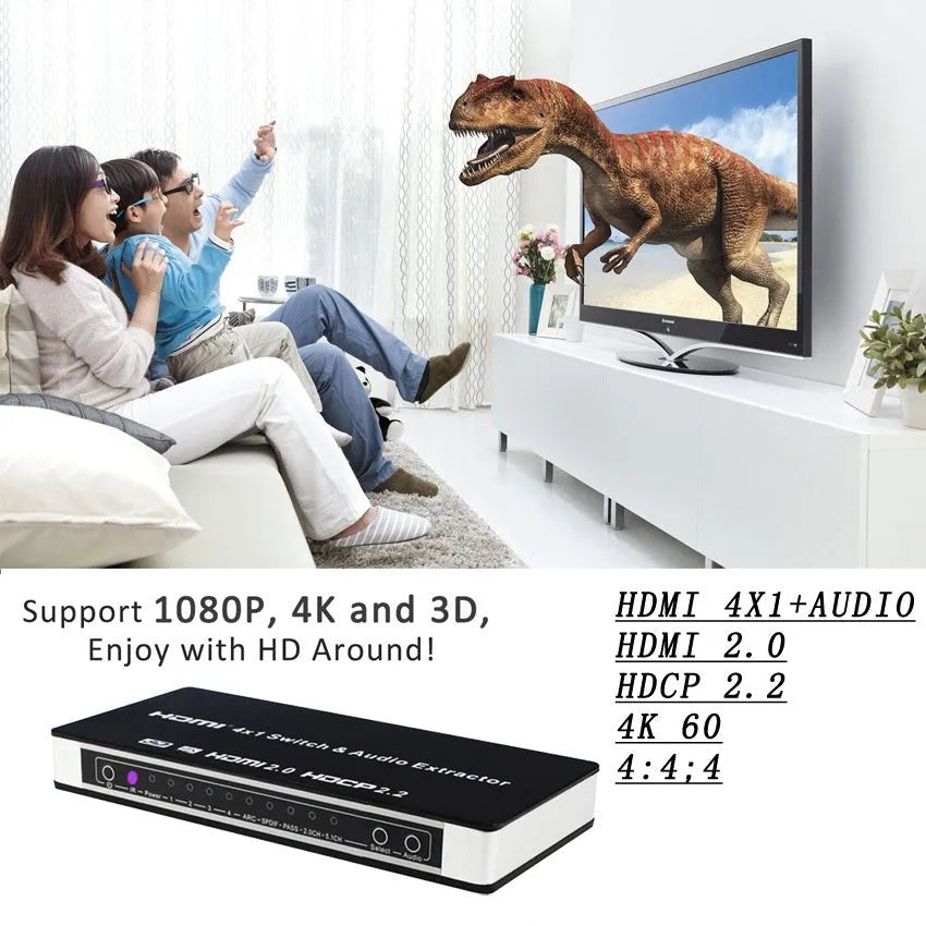 Black HDMI switch with four inputs one output remote control for 4K video switching