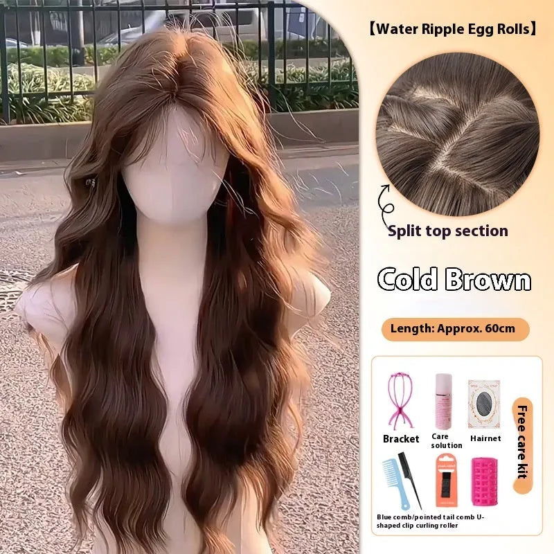 Full-head artificial hair wig with long curly style and side bangs in brown colour options