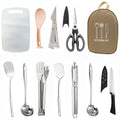 12-piece stainless steel picnic kitchenware set inside a khaki portable storage bag.