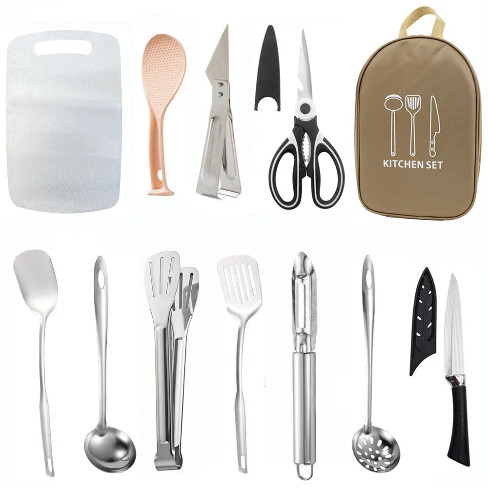 12-piece stainless steel picnic kitchenware set inside a khaki portable storage bag.