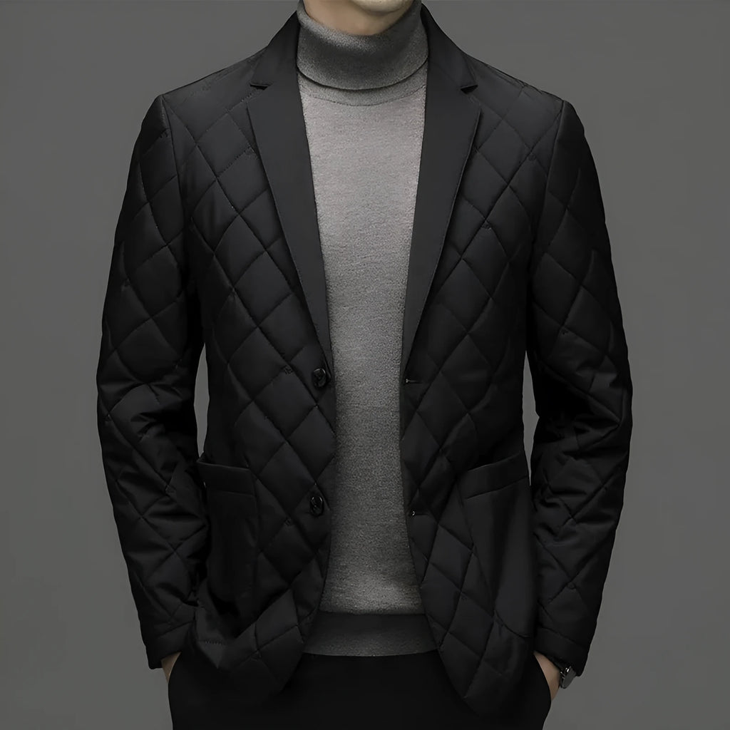 Men's black winter down jacket with cardigan-style lapel and side seam pockets