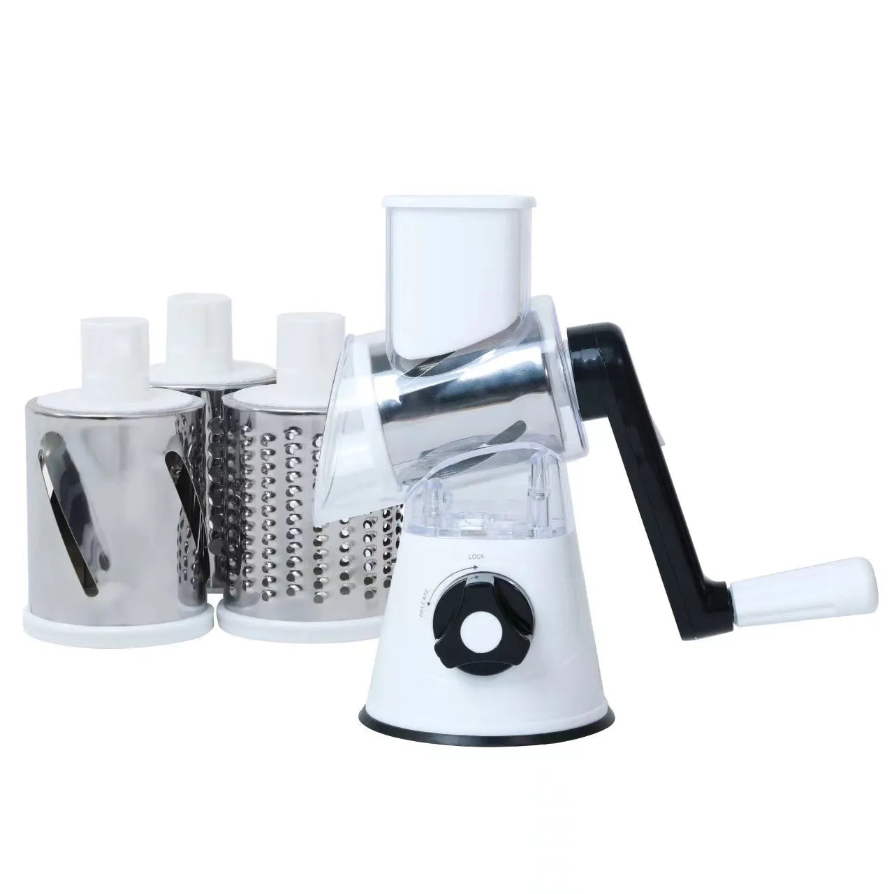 Blue multi-function vegetable chopper with slicer, grater and suction cup base on a kitchen counter.