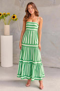 Women's striped backless summer dress with square neck, suspender straps, and pockets in polyester-spandex fabric
